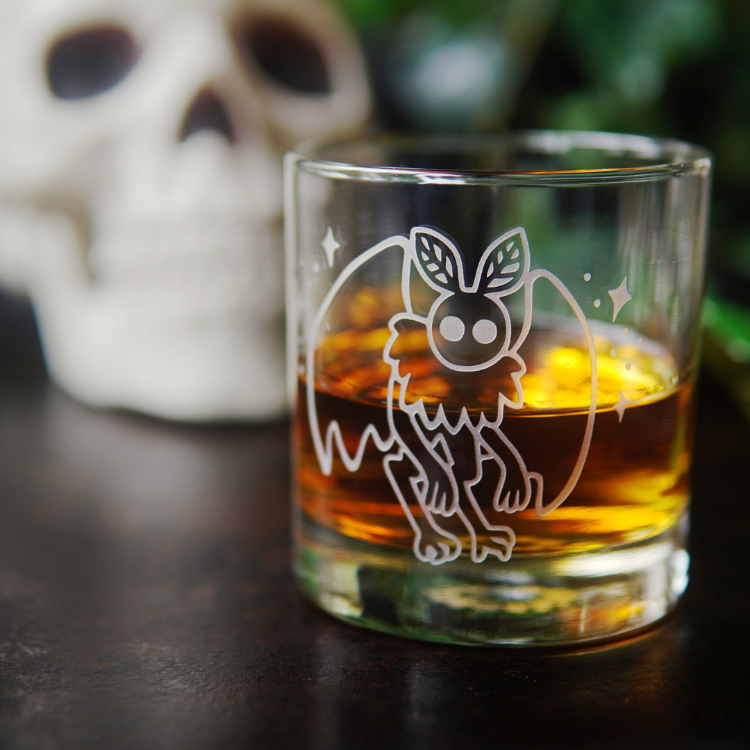 Mothman Lowball Glass - etched horror monster cocktail barware