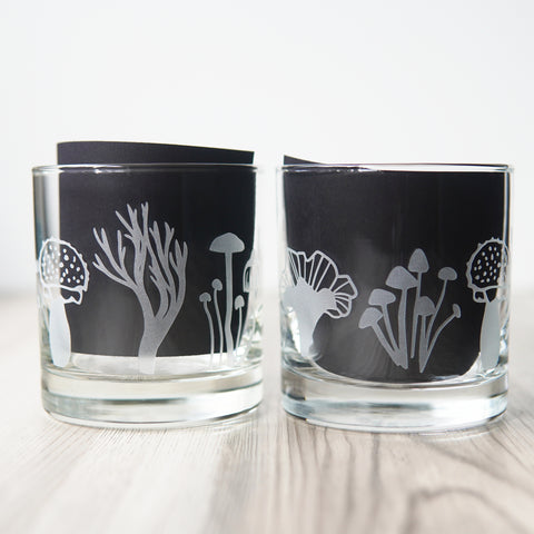 Mushroom Collection Lowball Glass - etched cocktail glassware