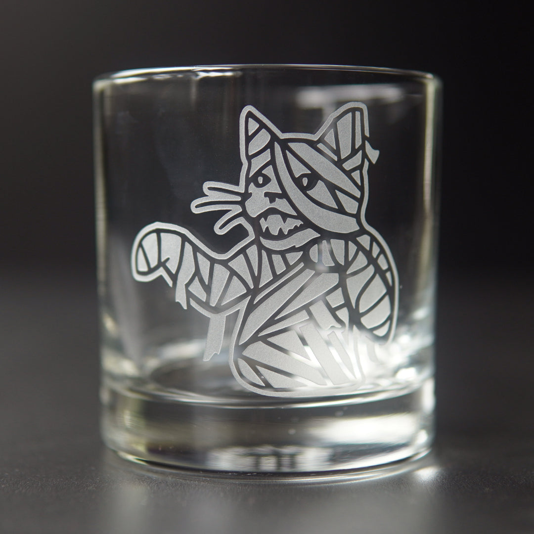 Mummy Cat Lowball Glass - etched Halloween horror barware