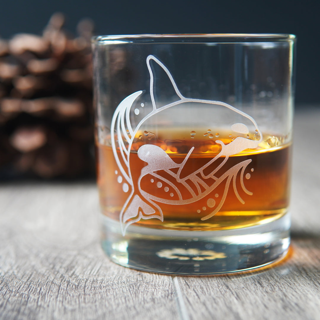 Orca Whale Lowball Glass - etched cocktail barware