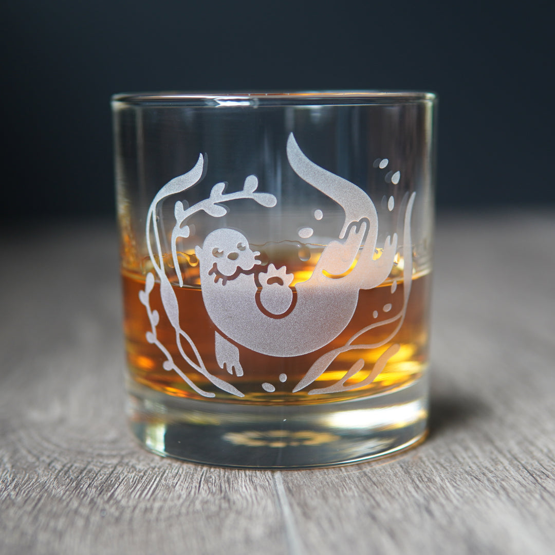 Otter Lowball Glass - etched cocktail barware