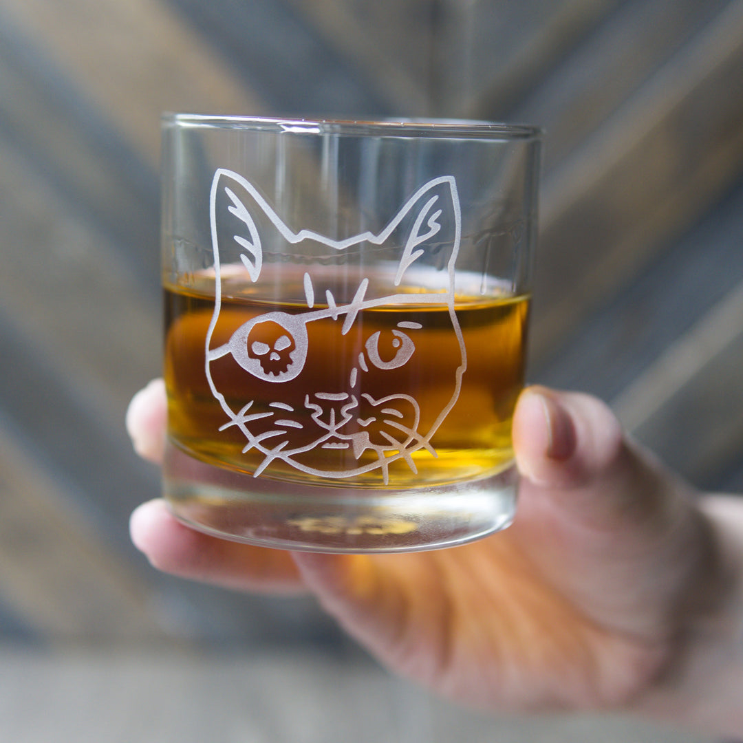 Pirate Snaggletooth Cat Lowball Glass - etched cocktail barware