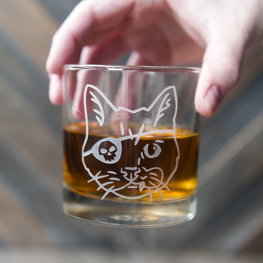 Pirate Snaggletooth Cat Lowball Glass - etched cocktail barware