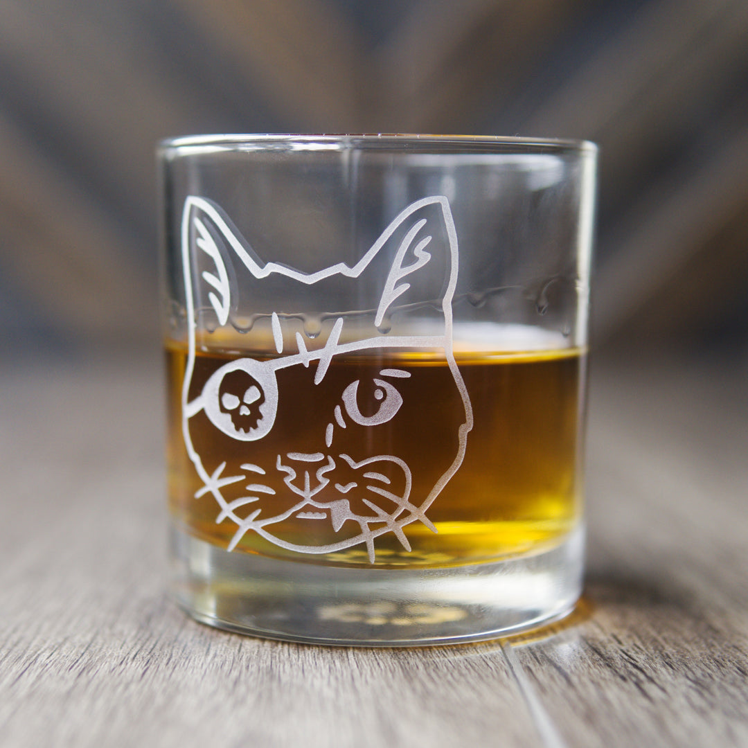 Pirate Snaggletooth Cat Lowball Glass - etched cocktail barware