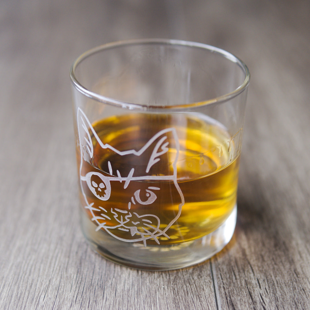 Pirate Snaggletooth Cat Lowball Glass - etched cocktail barware