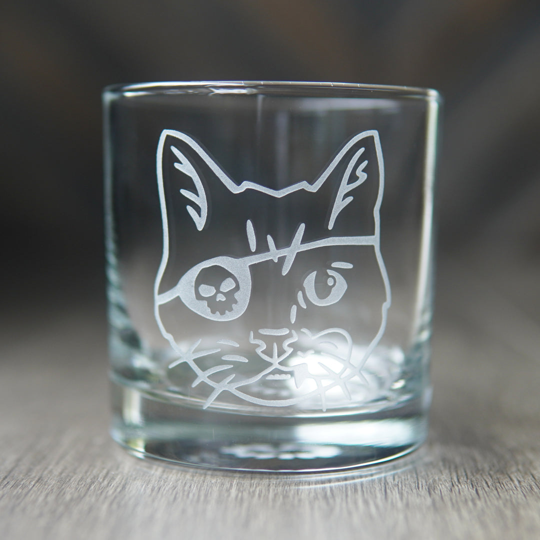 Pirate Snaggletooth Cat Lowball Glass - etched cocktail barware