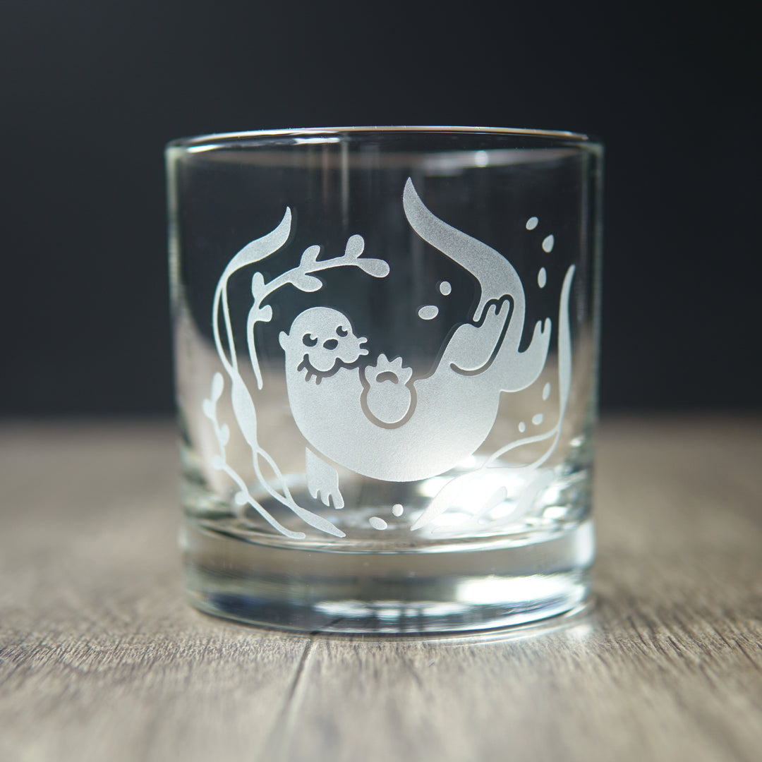 Otter Lowball Glass - etched cocktail barware