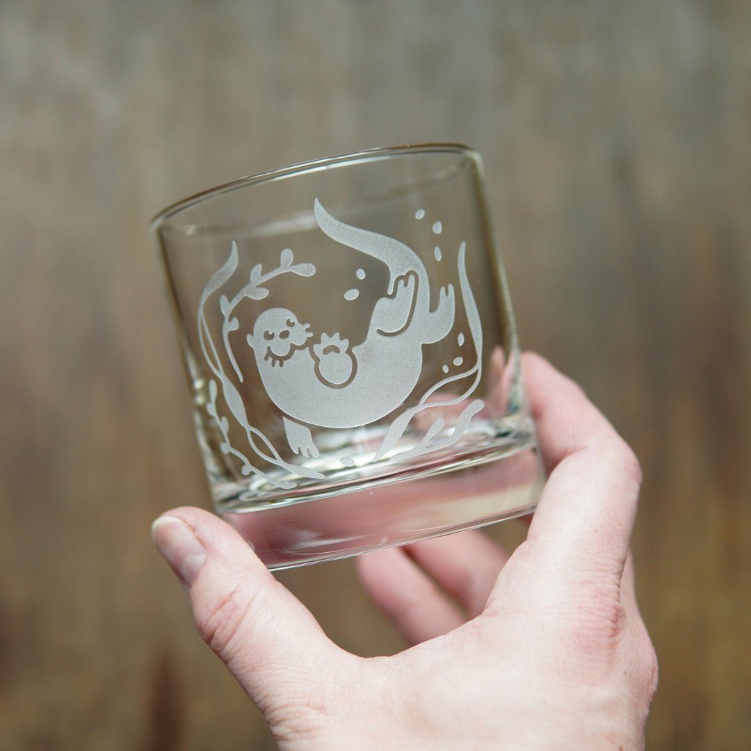 Otter Lowball Glass - etched cocktail barware