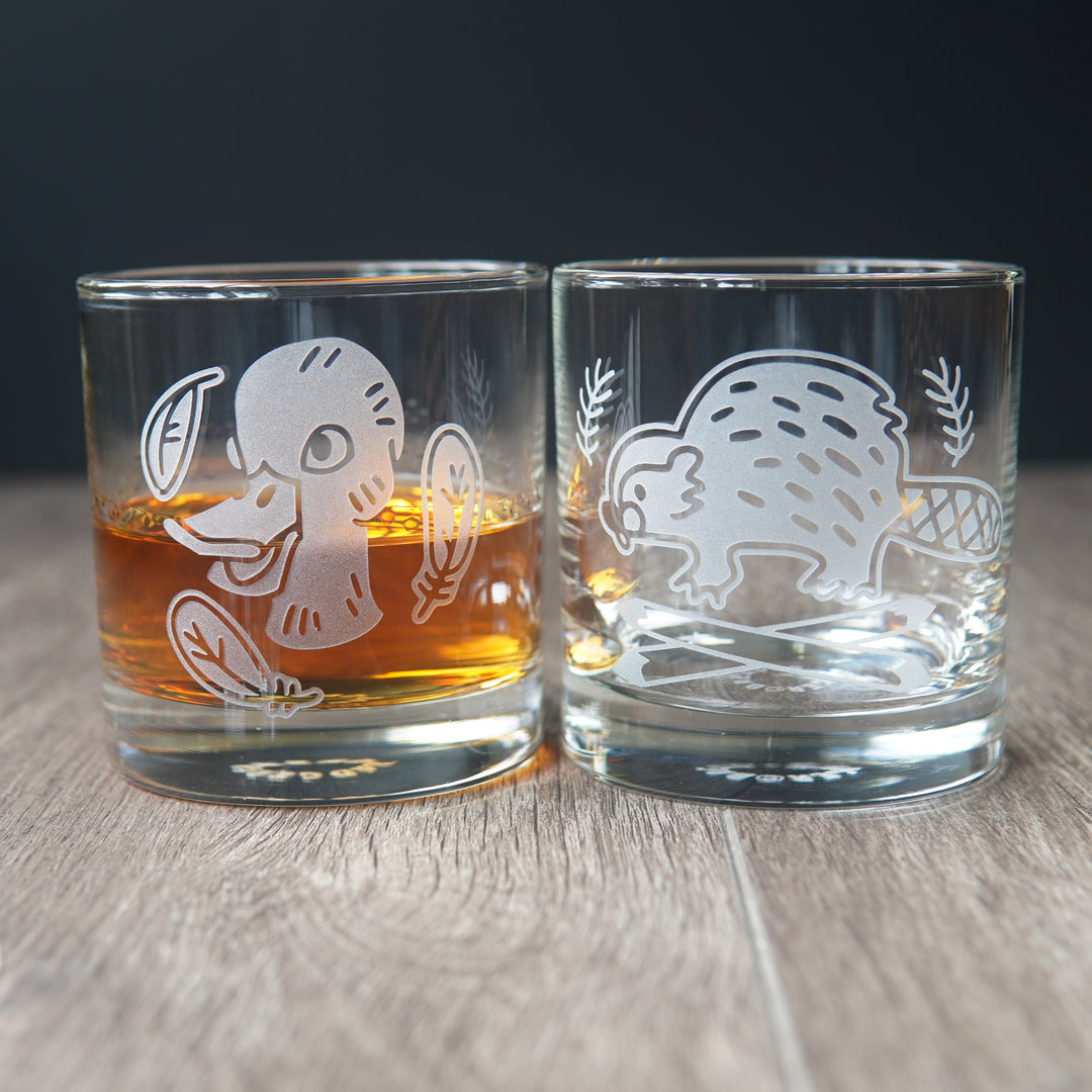 Beaver Lowball Glass - etched cocktail barware