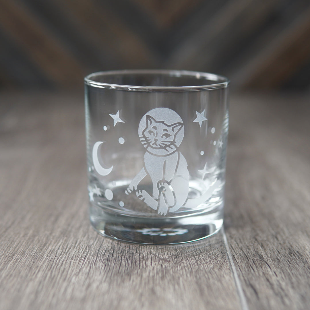 Astronaut Space Cat Lowball Glass - etched cocktail glassware