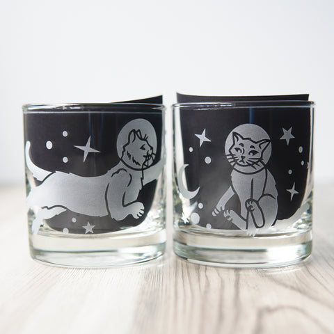 Astronaut Space Cat Lowball Glass - etched cocktail glassware