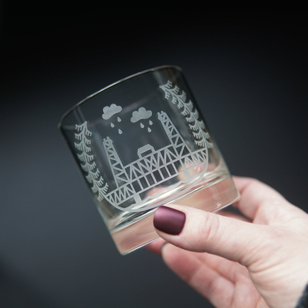 Portland Bridges Lowball Glass - etched cocktail glassware