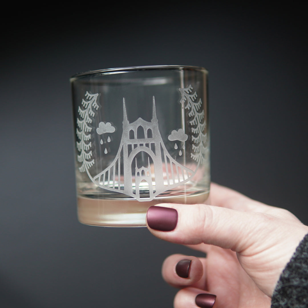 Portland Bridges Lowball Glass - etched cocktail glassware