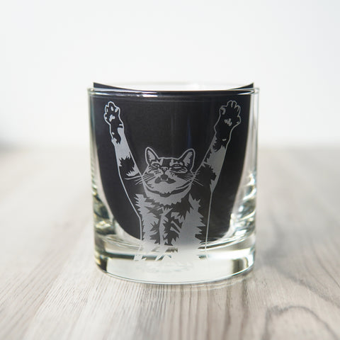 Stretch Cat Lowball Glass - etched cocktail barware