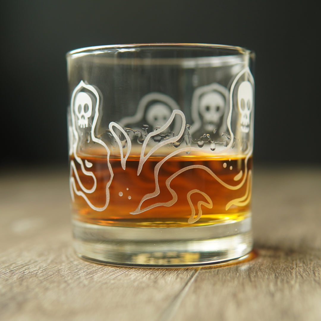 Wraiths Lowball Glass - etched Halloween ghost barware