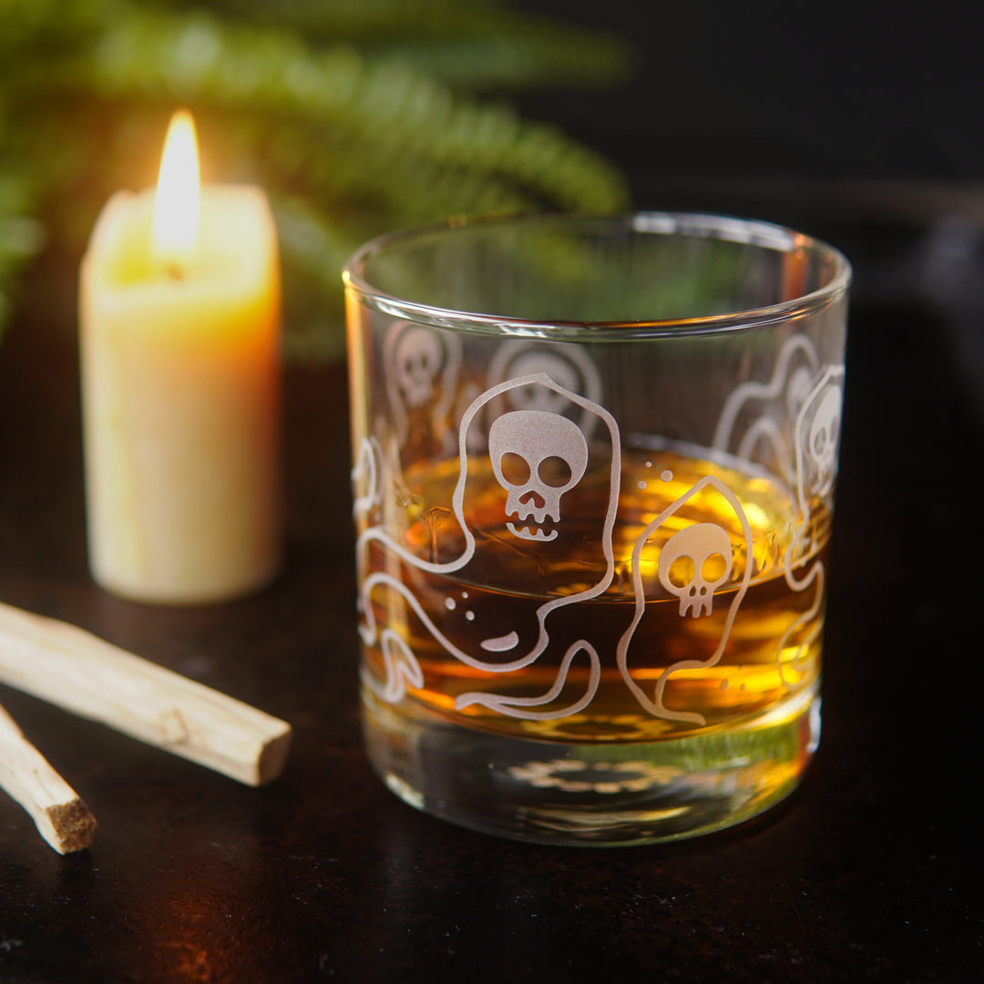 Wraiths Lowball Glass - etched Halloween ghost barware