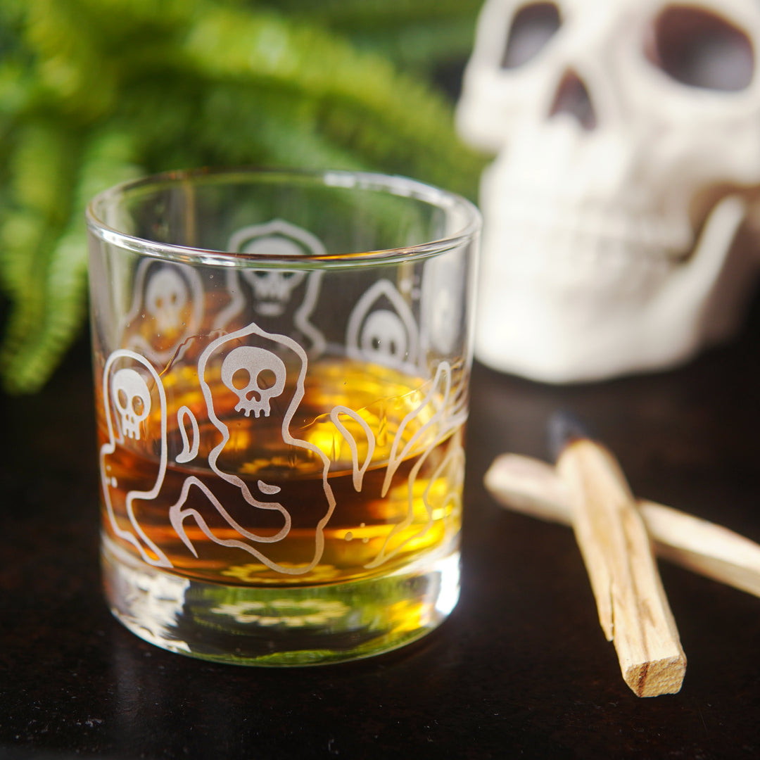 Wraiths Lowball Glass - etched Halloween ghost barware