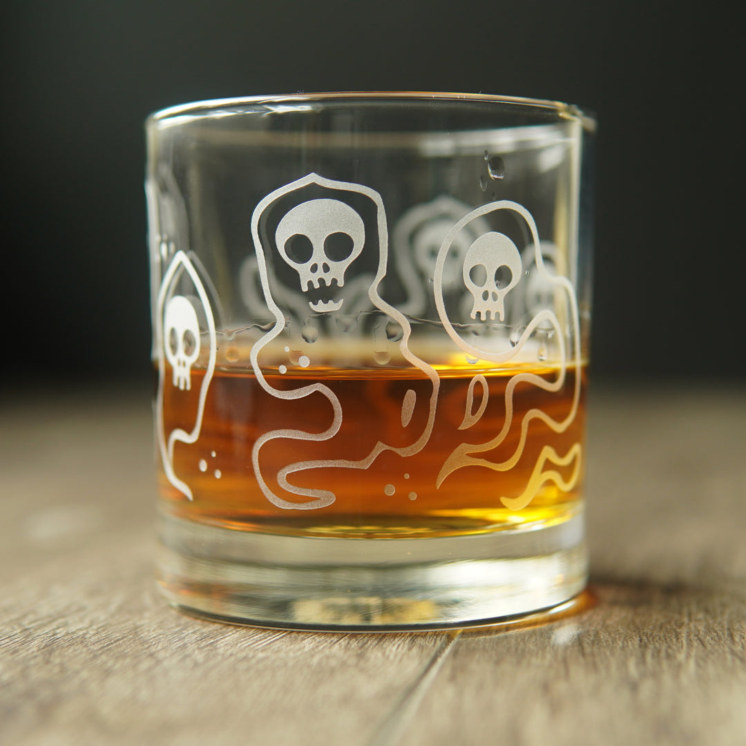 Wraiths Lowball Glass - etched Halloween ghost barware