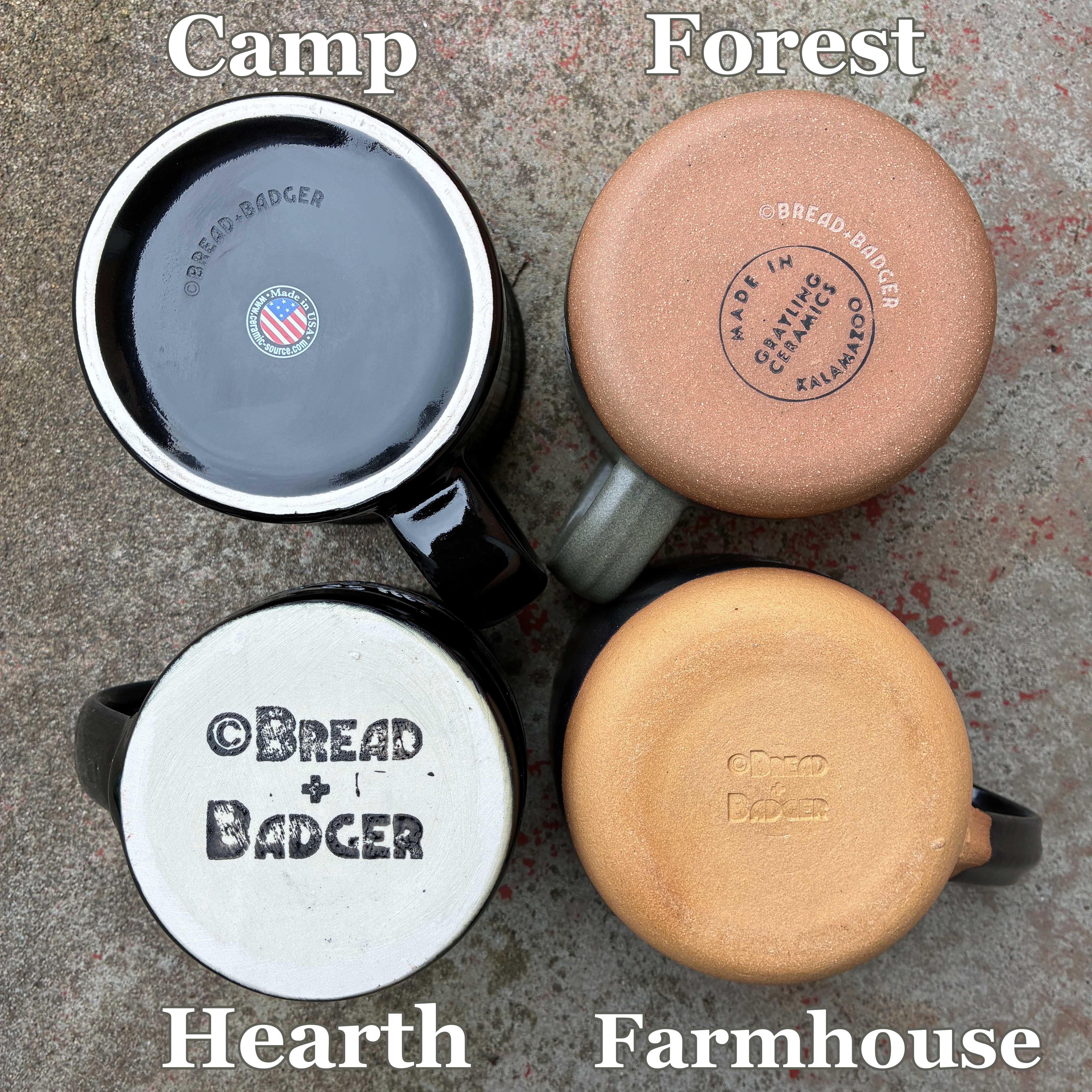 Four different mugs with their bottoms facing up,  and 'Bread & Badger' branding on them