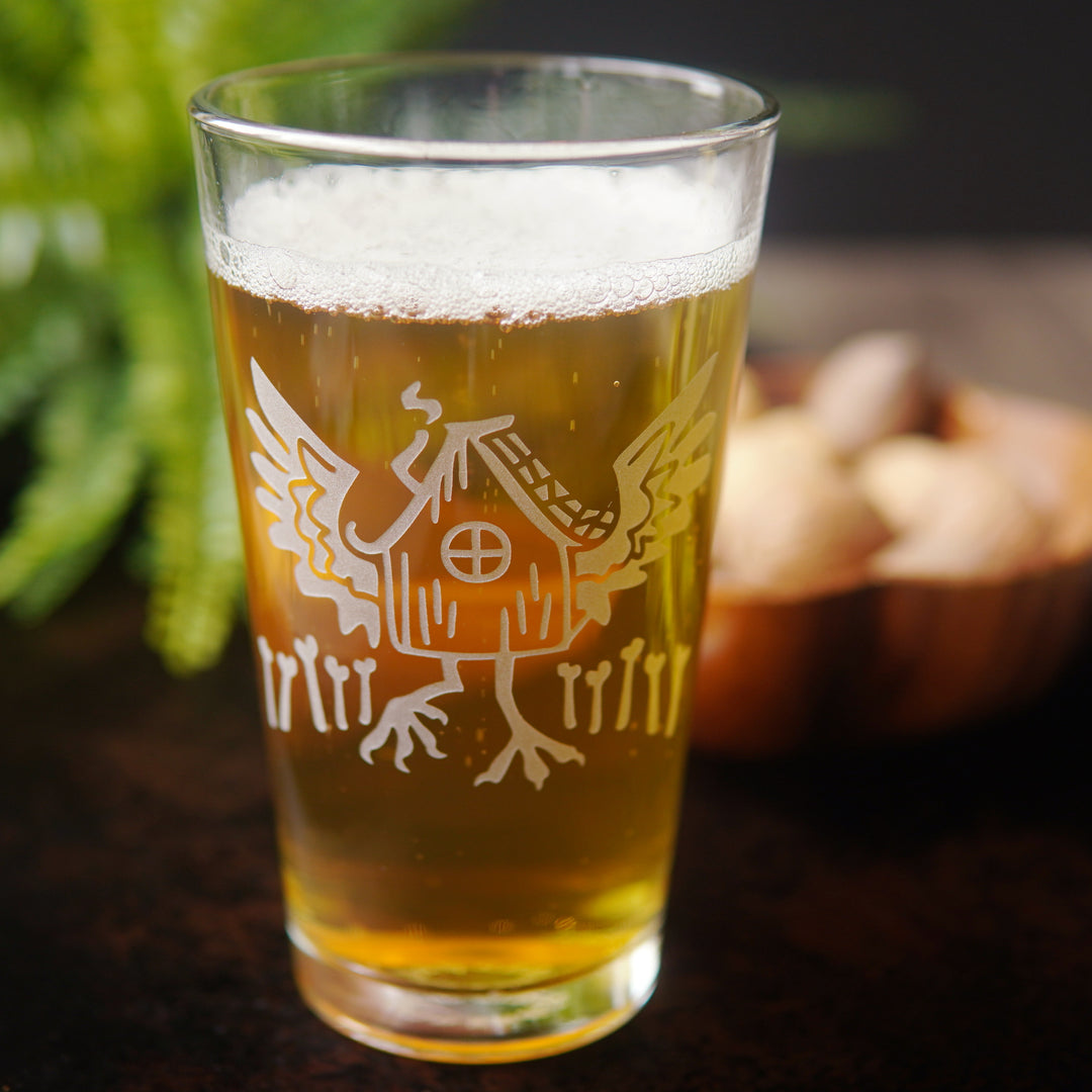 etched Baba Yaga pint glass 