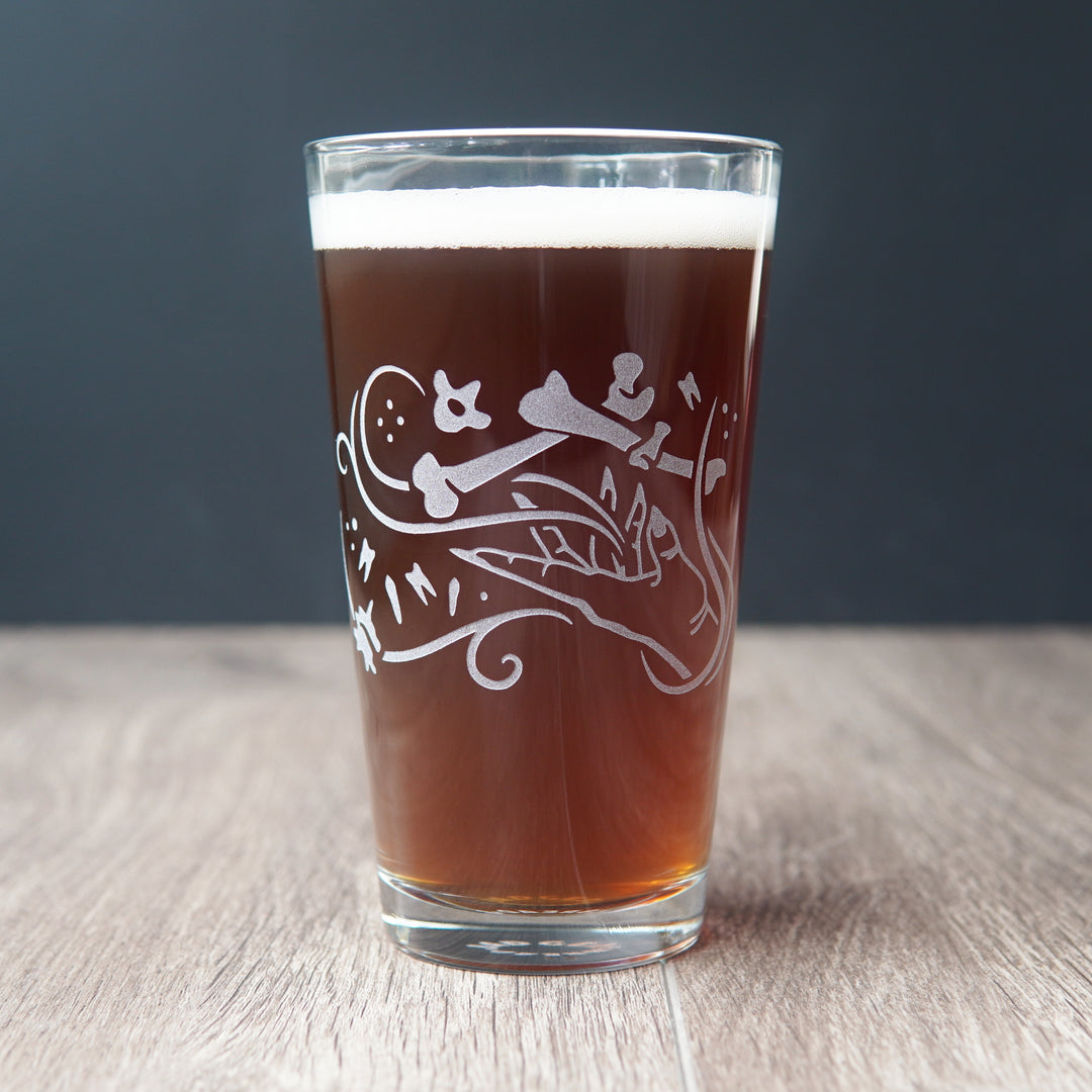Necromancer Pint Glass - Bone Witch + Knight - etched glassware