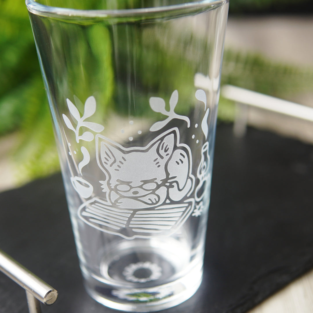 book cat engraved pint glass