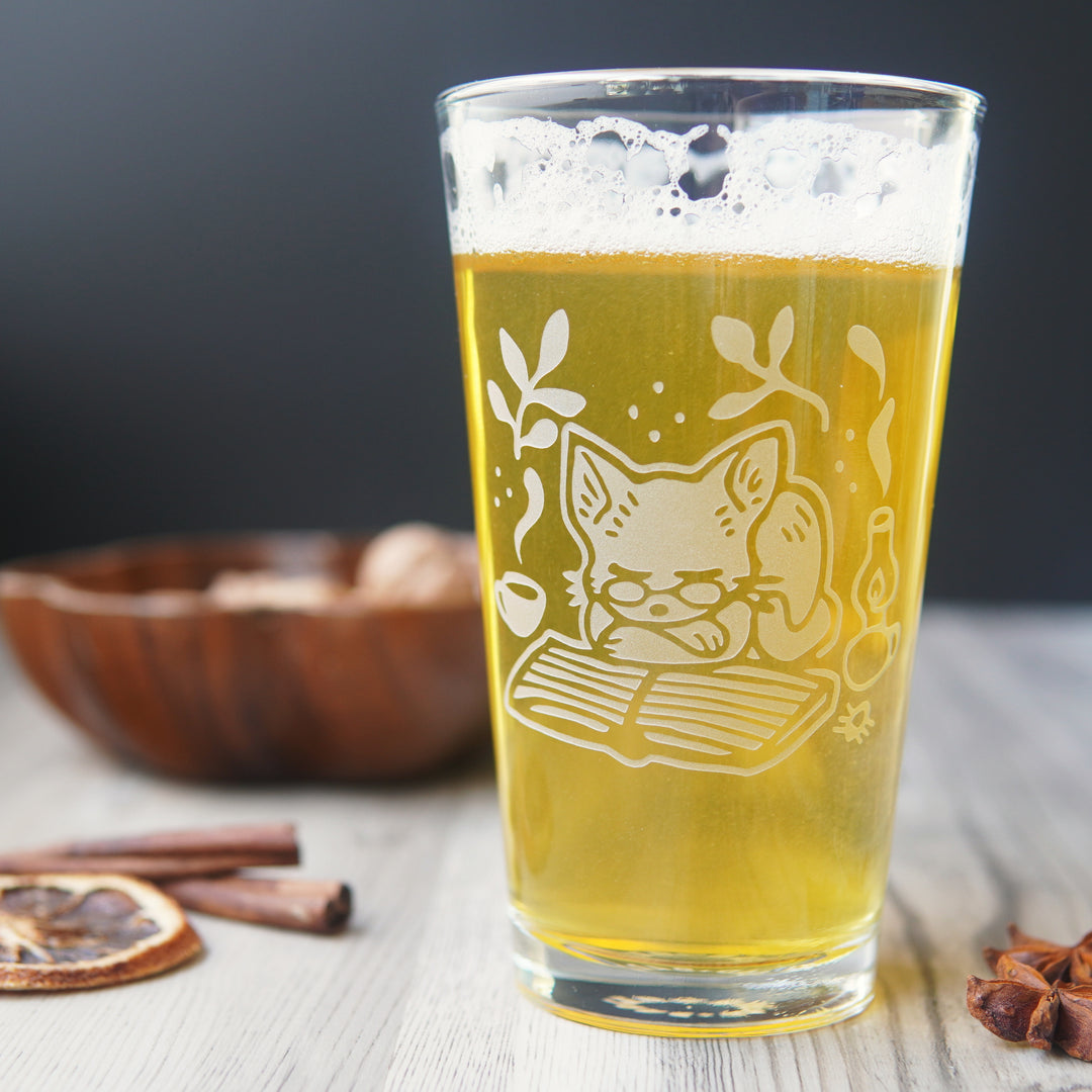 Book Cat Pint Glass - etched glassware