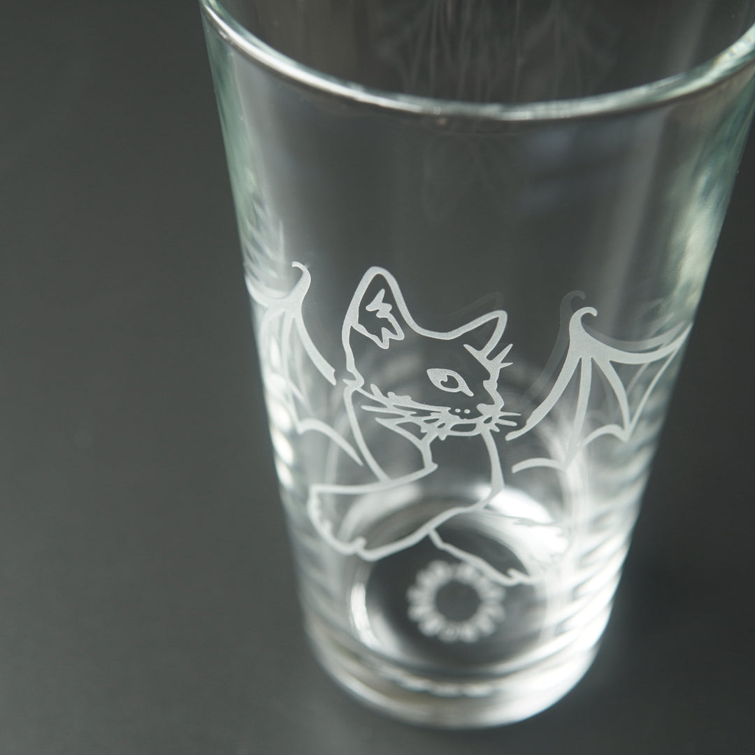 Cat Bat Pint Glass - etched Halloween glassware