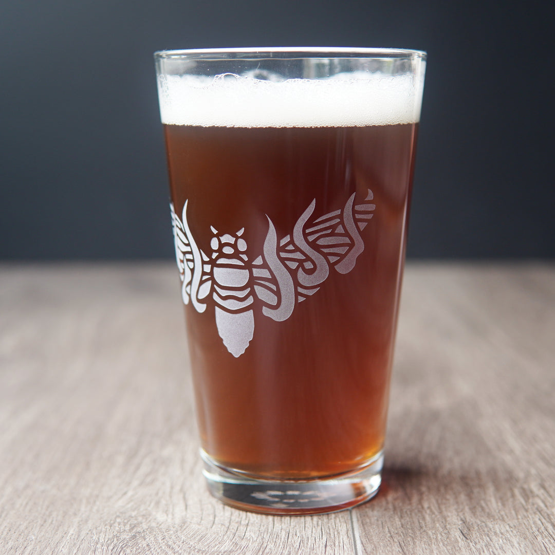 Cicada Pint Glass - flaming winged insect etched glassware