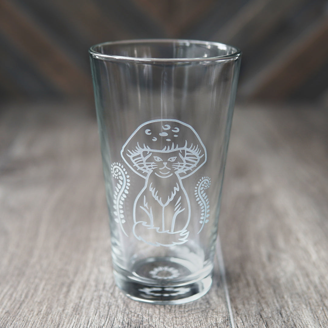 Cat Mushrooms Pint Glass - etched kitchen glassware