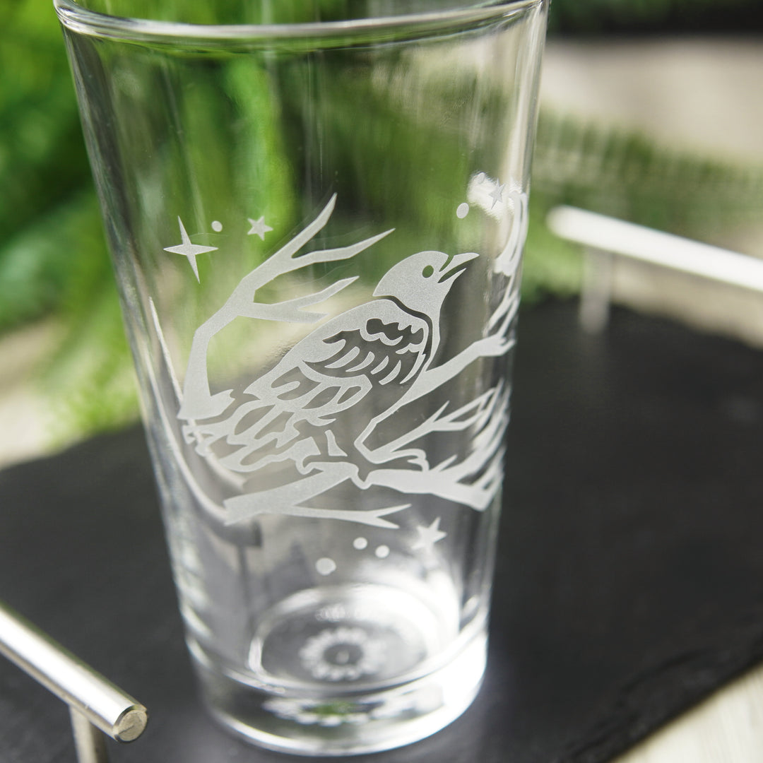 Crow Pint Glass - etched glassware