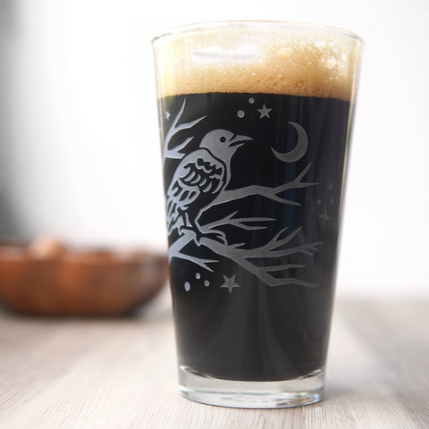Crow Pint Glass - etched glassware