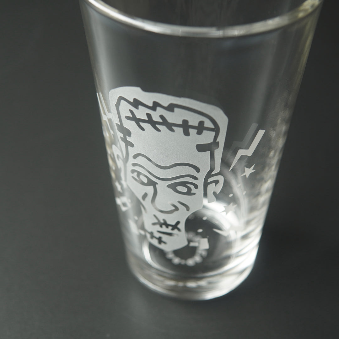 Frankenstein Pint Glass - etched Halloween beer glassware