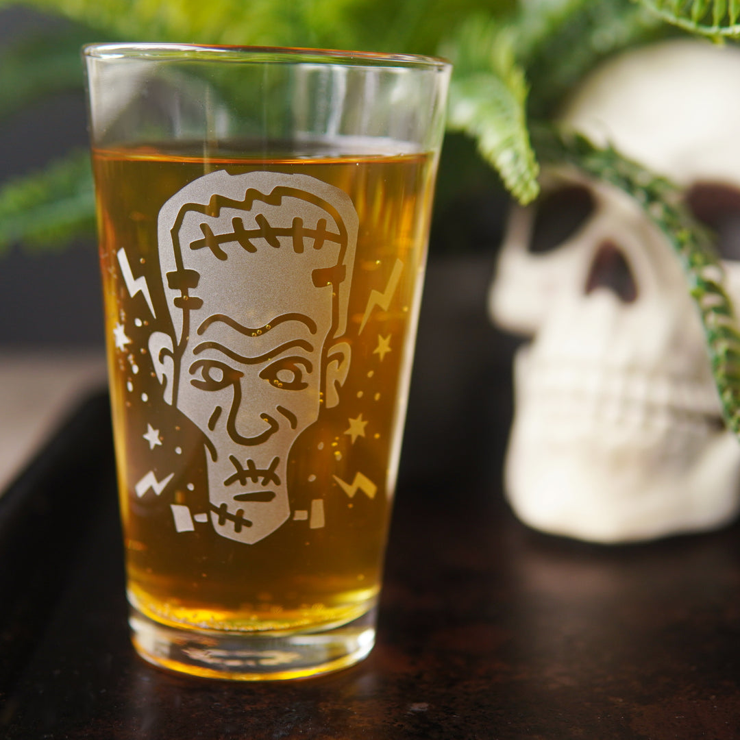 pint glass engraved with Frankenstein face