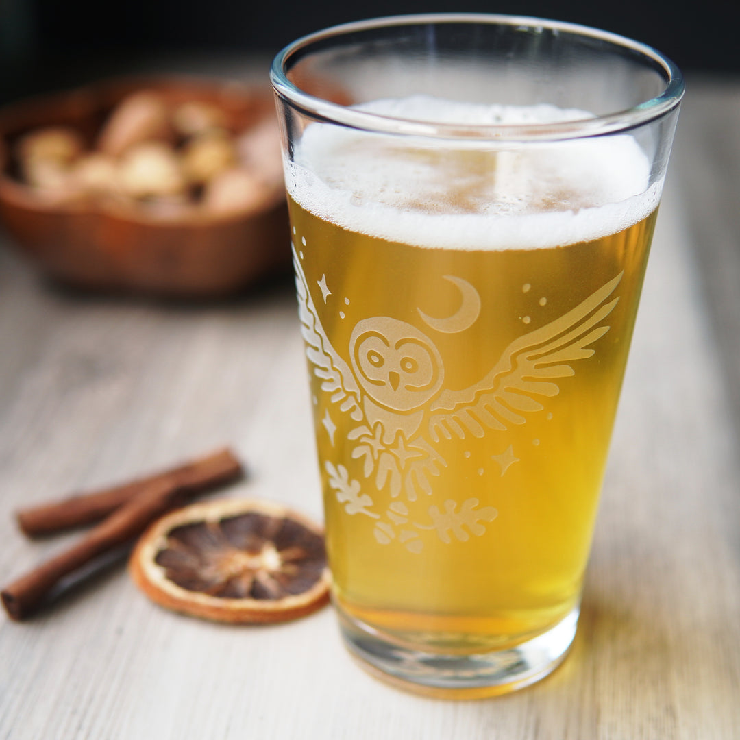 Owl + Oak Pint Glass - etched glassware