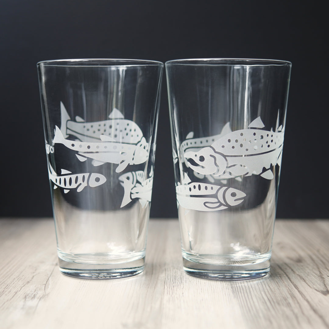 Salmon Pint Glass - etched fish glassware