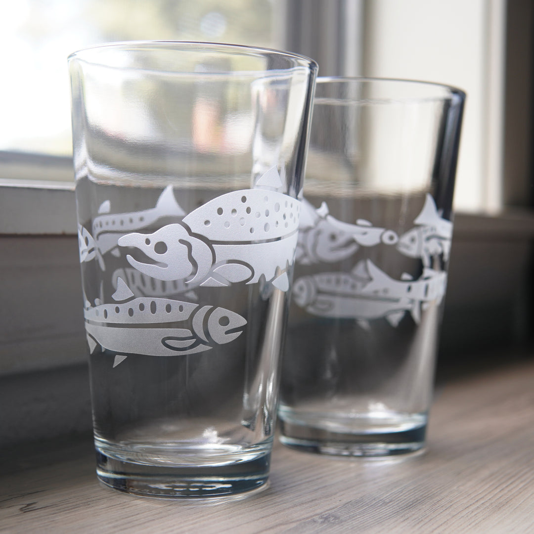 Salmon Pint Glass - etched fish glassware