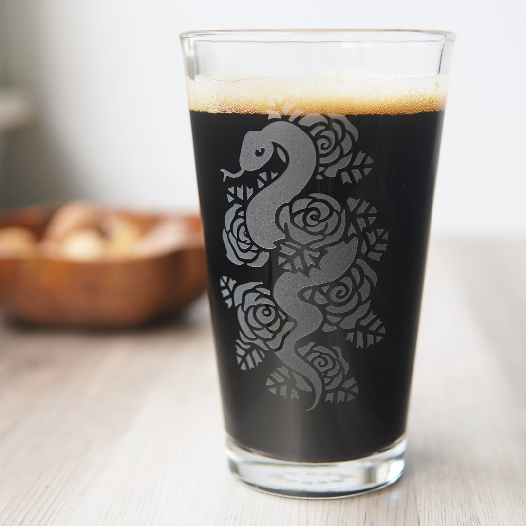 Snakes + Roses Pint Glass - etched glassware