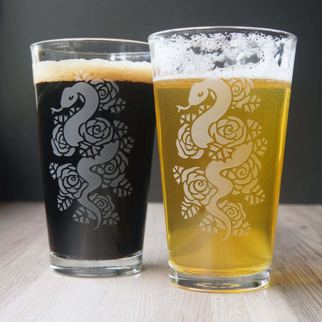 Snakes + Roses Pint Glass - etched glassware