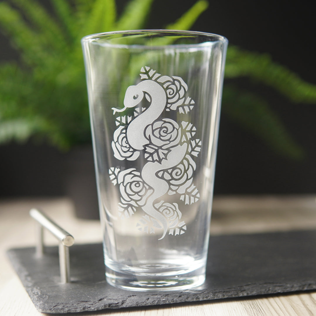 Snakes + Roses Pint Glass - etched glassware