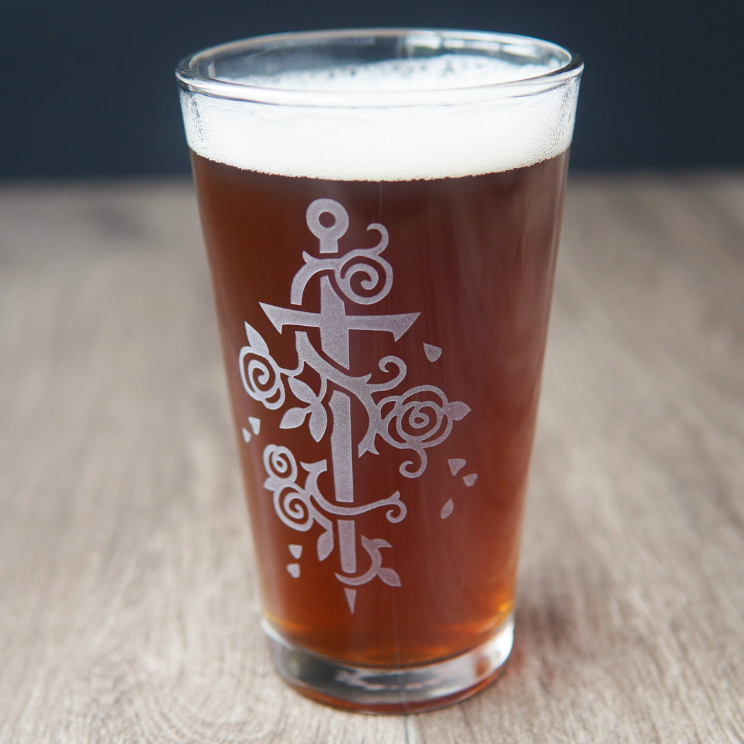 Damocles Sword + Roses Pint Glass - etched glassware