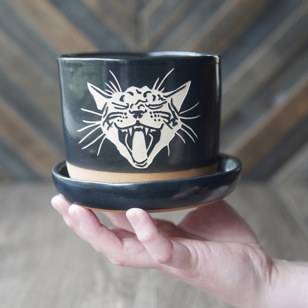 Screaming Cat Farmhouse Planter with Saucer