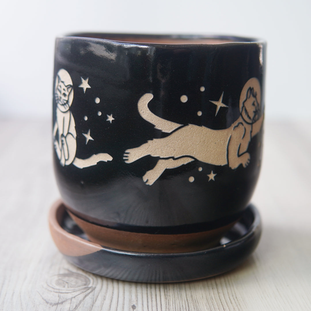 Space Cats planter with exposed clay edge on drip tray
