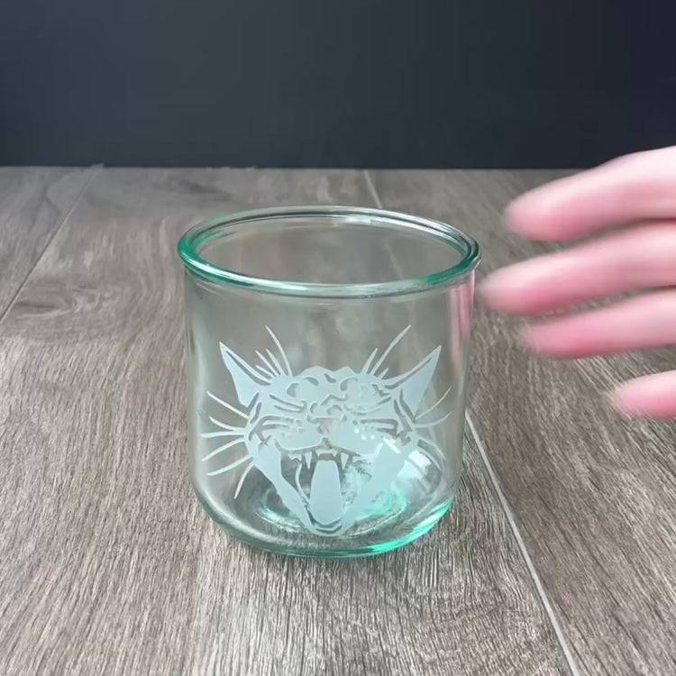 sped up video of a hand manipulating an etched short glass tumbler, then a tall glass tumbler, so they can be viewed from all angles. Then sped up clips of a woman masking a glass, then standing in front of a sandblasting cabinet putting on a respirator, then a view of the inside of the cabinet showing a glass being sandblasted.
