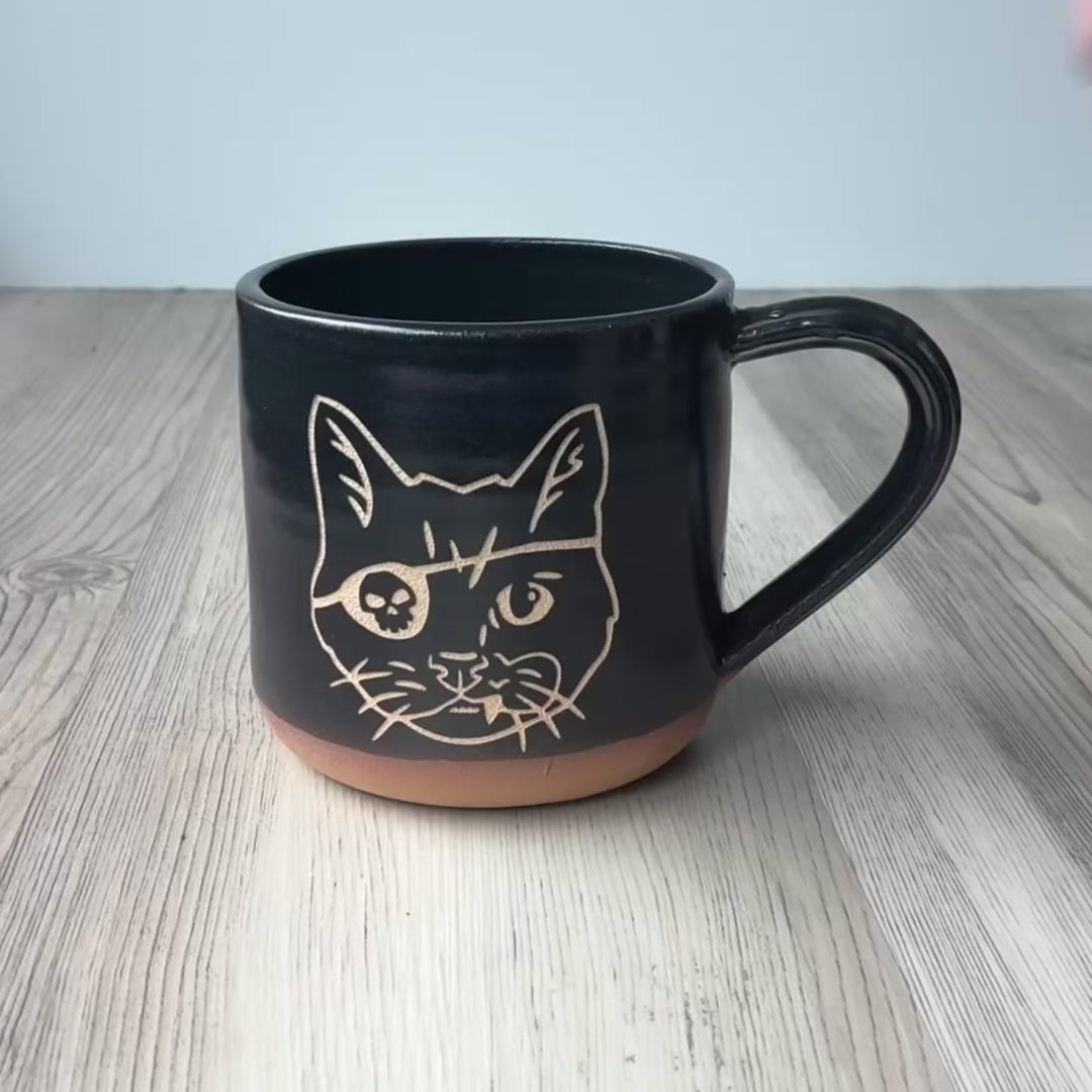 Pirate Snaggletooth Cat Mug, Farmhouse Style Handmade Pottery