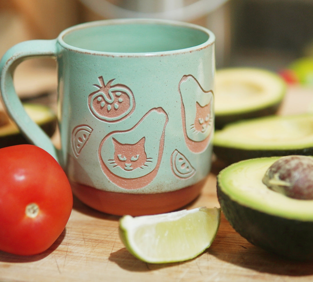 Avocado Cat Mug (AvoCATo), Farmhouse Style Handmade Pottery