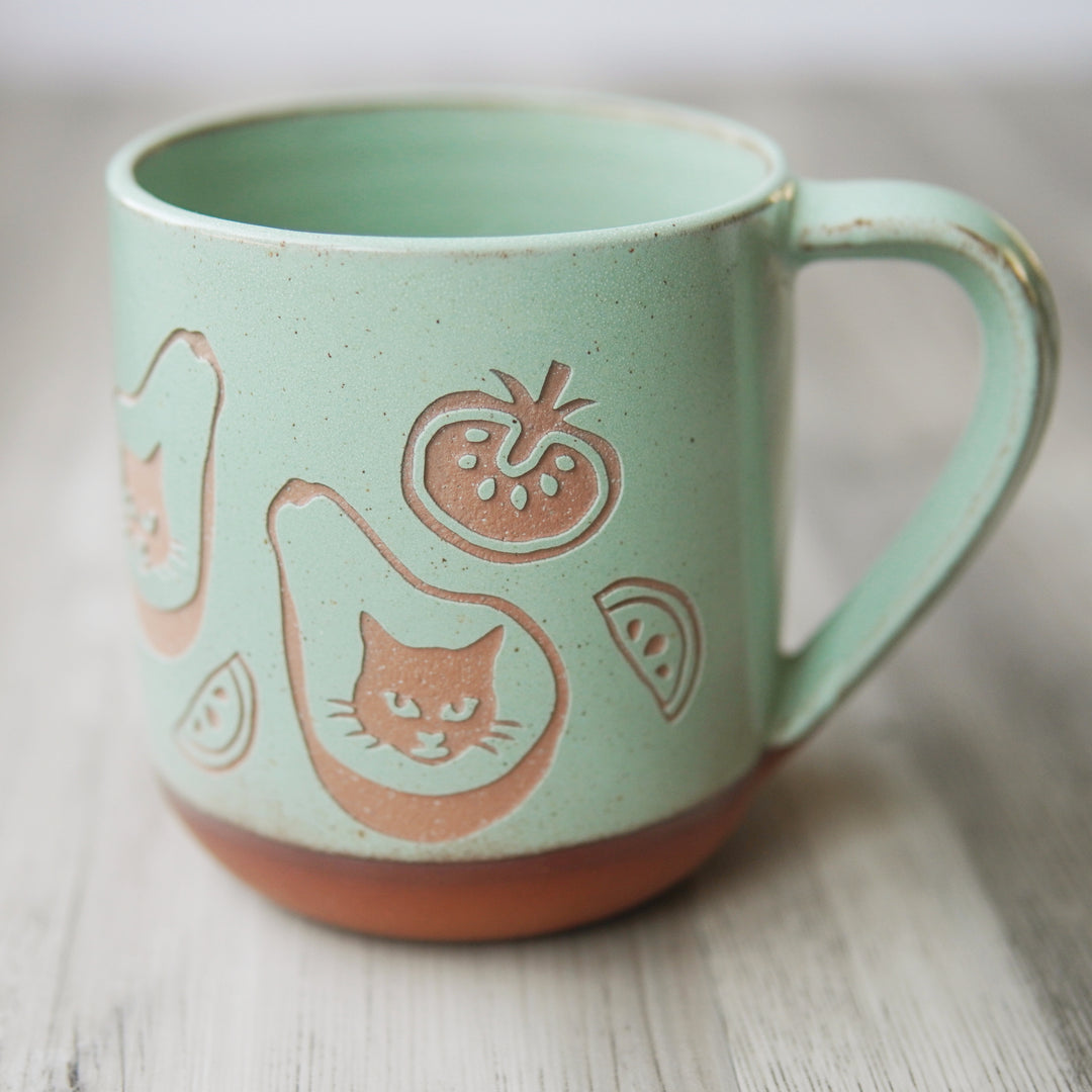 Avocado Cat Mug (AvoCATo), Farmhouse Style Handmade Pottery