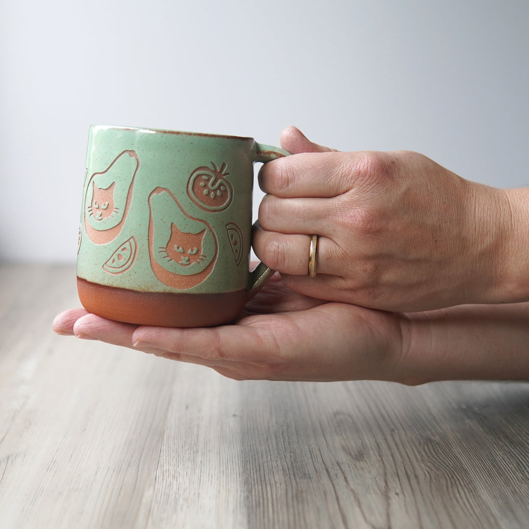 Avocado Cat Mug (AvoCATo), Farmhouse Style Handmade Pottery