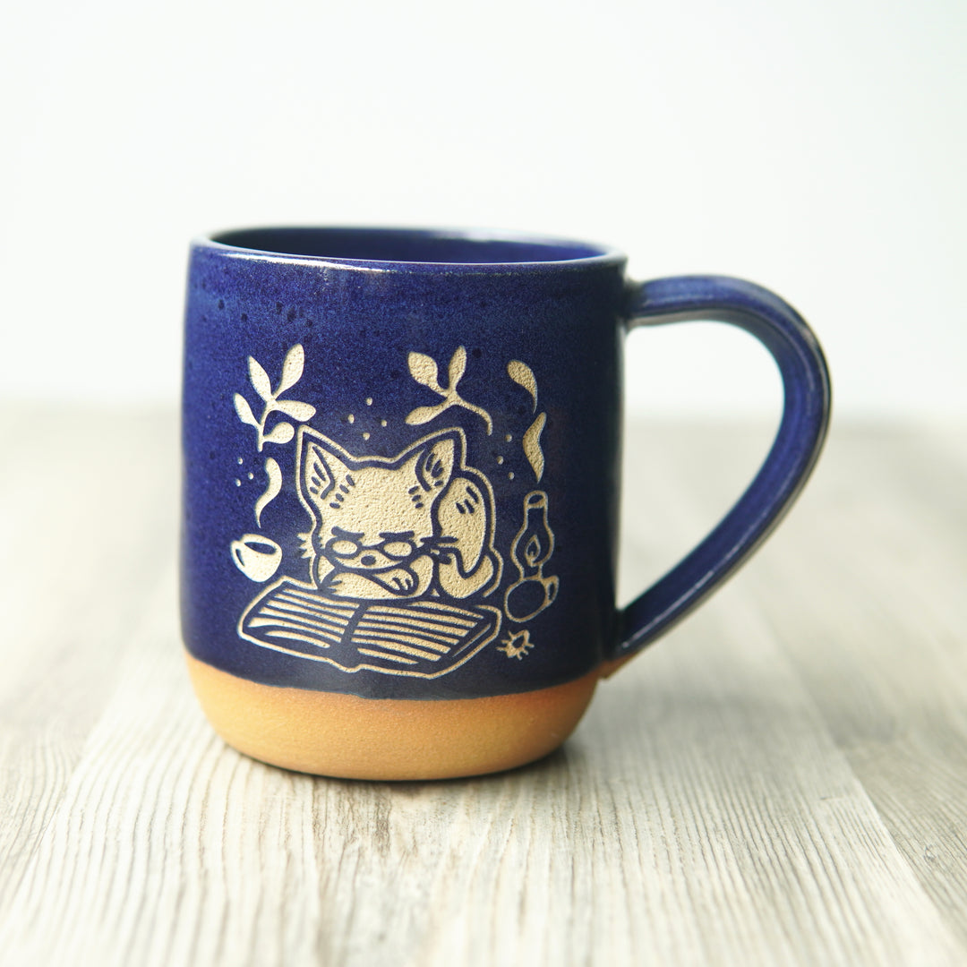 Book Cat Mug, Cozy Farmhouse Style Handmade Pottery