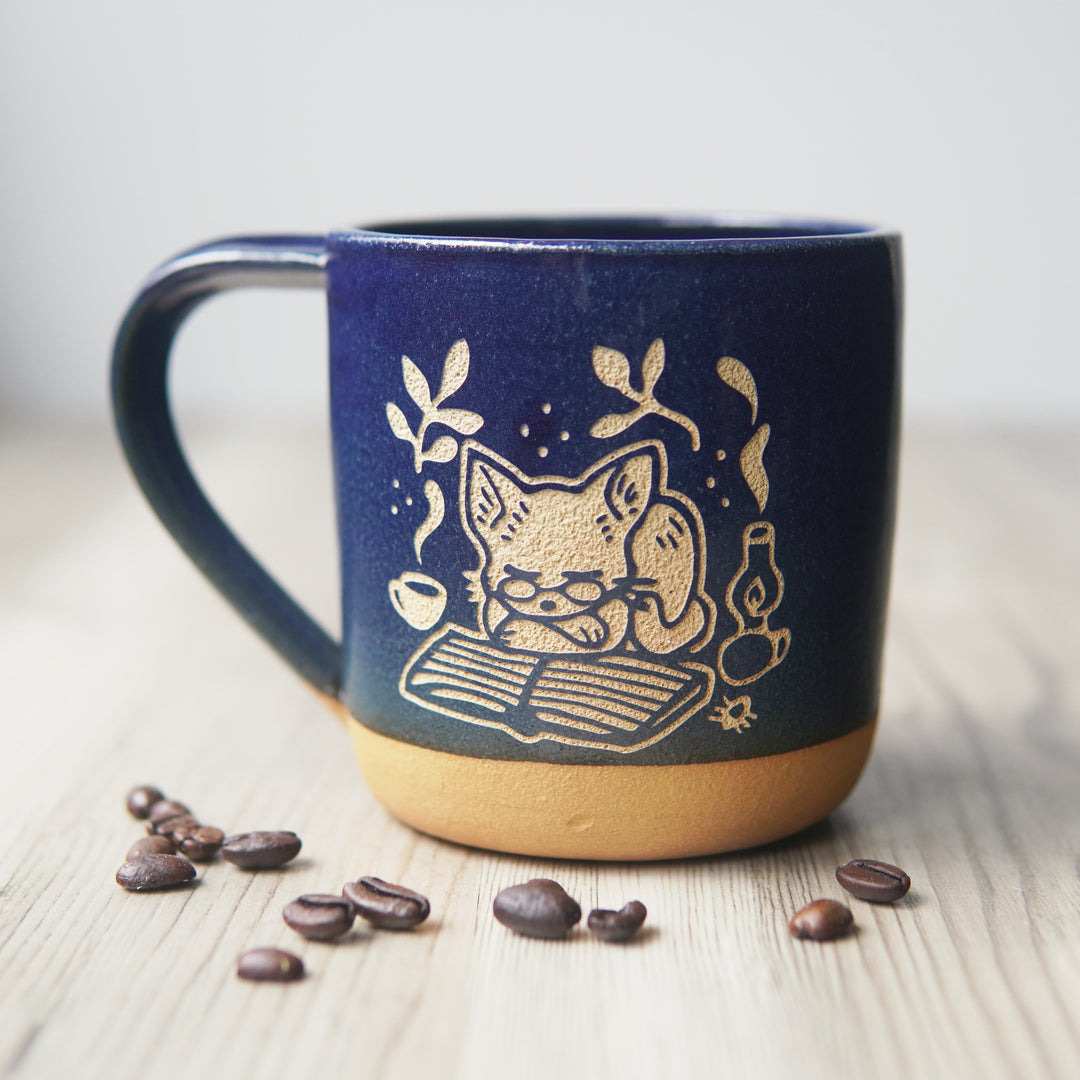 Book Cat Mug, Cozy Farmhouse Style Handmade Pottery